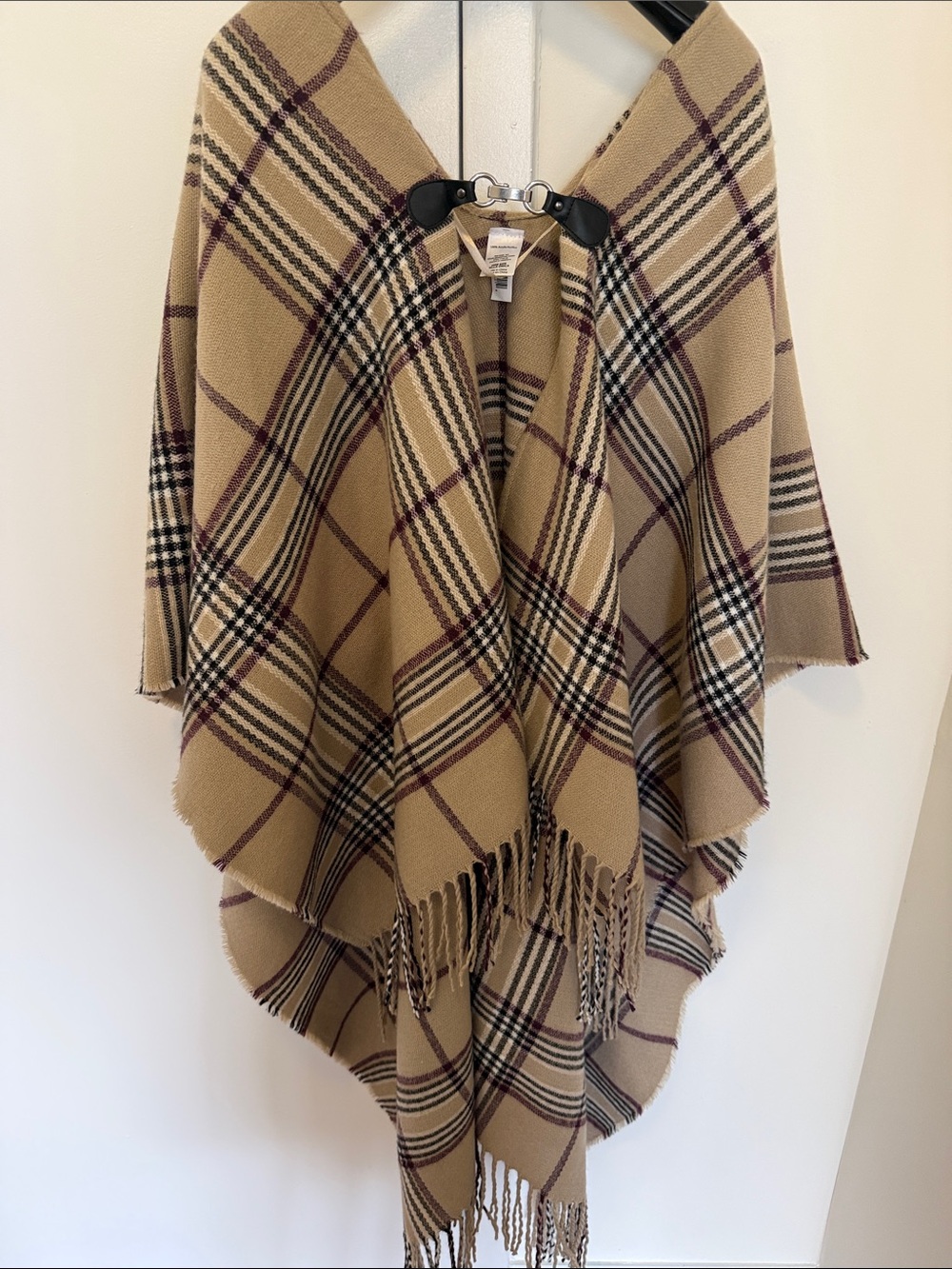 NWT Fringed Poncho in Brown Window Pane Plaid with Faux Leather Hook Closure.
